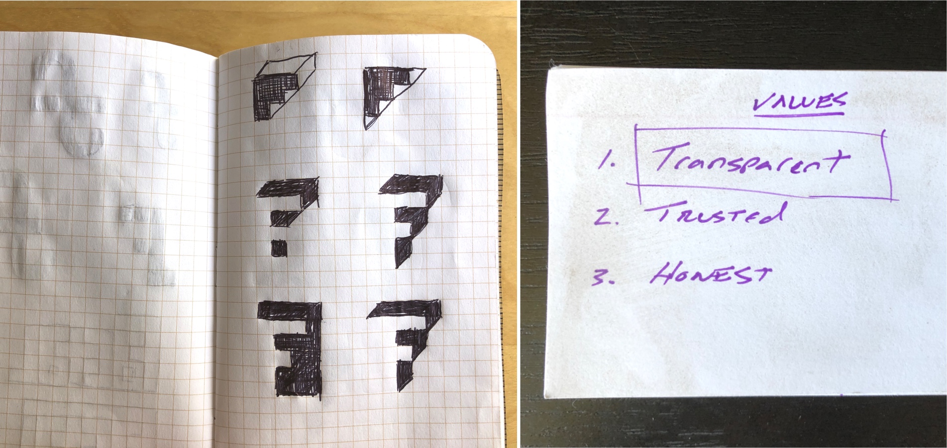 Two images next to each other. At left, an open notebook with square grid showing initial sketches of the Factal logo: a capital F surrounded by or bordered in stairstep shadow. At right, a handwritten purple note titled "Values" with three words under it: transparent, trusted, honest. Transparent has a box drawn around it.
