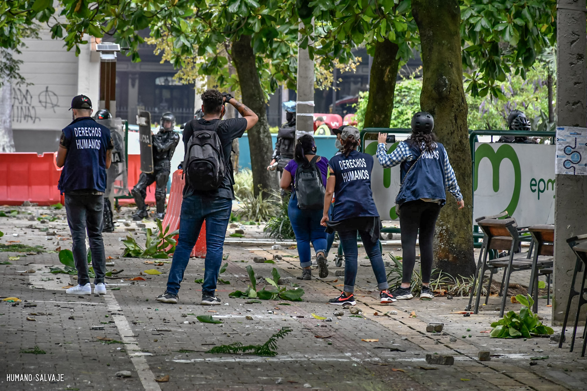 Defensores de Derechos Humanos attempt to engage police in Medellín, Colombia on April 28, 2021.