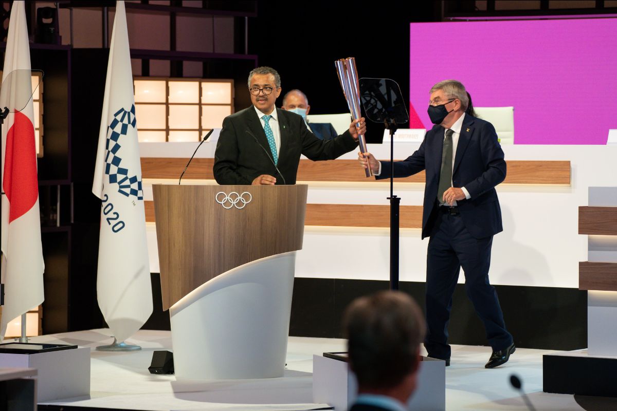World Health Organization head Tedros Adhanom speaks Wednesday at the 138th IOC Session in Tokyo ahead of the Olympic Games. (Photo: IOC / Greg Martin)