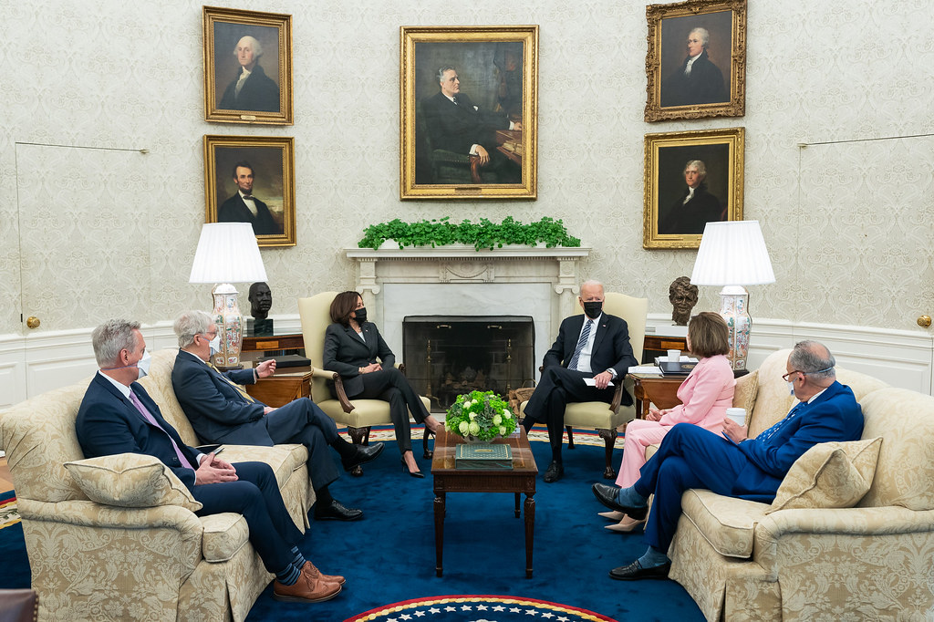 President Joe Biden and Vice President Kamala Harris meet with bipartisan Congressional leadership on May 12 in the Oval Office (Photo: Adam Schultz / White House)