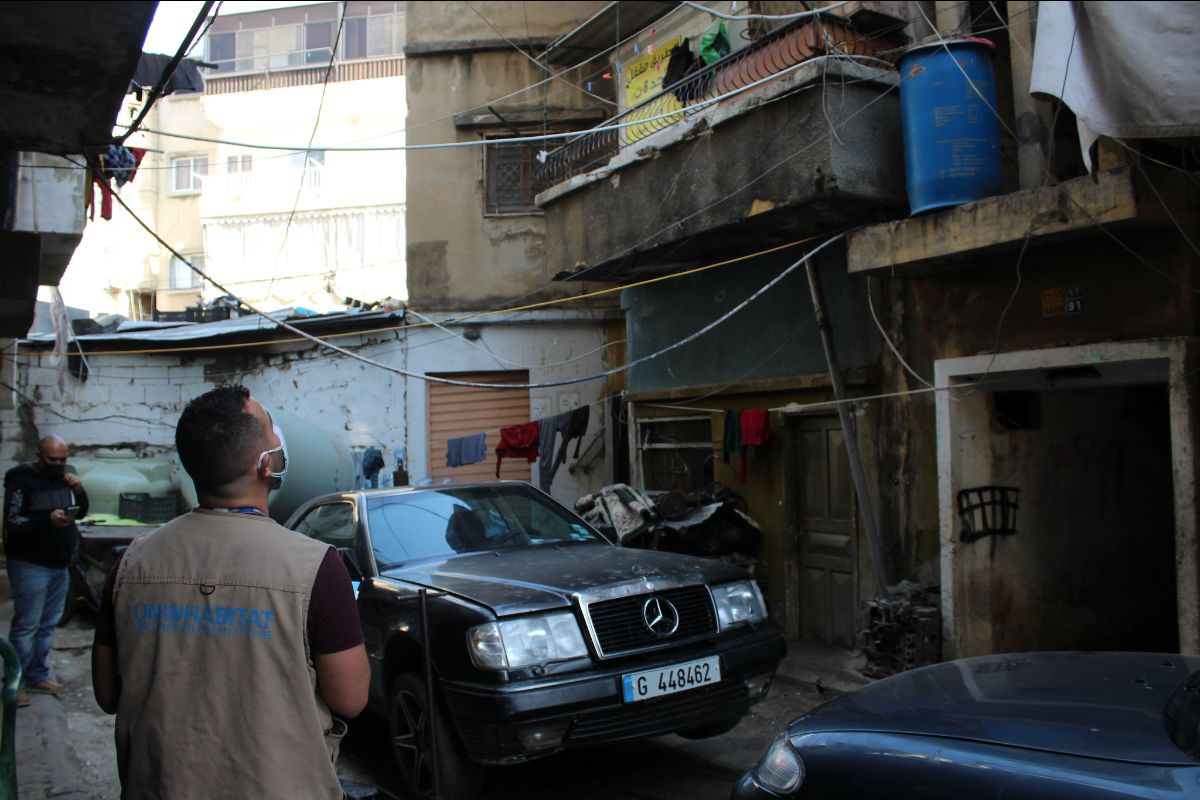 UN-Habitat staff surveys building damage in vulnerable neighborhoods of Beirut following the August 2020 port explosion. (Photo: UN-Habitat Lebanon)
