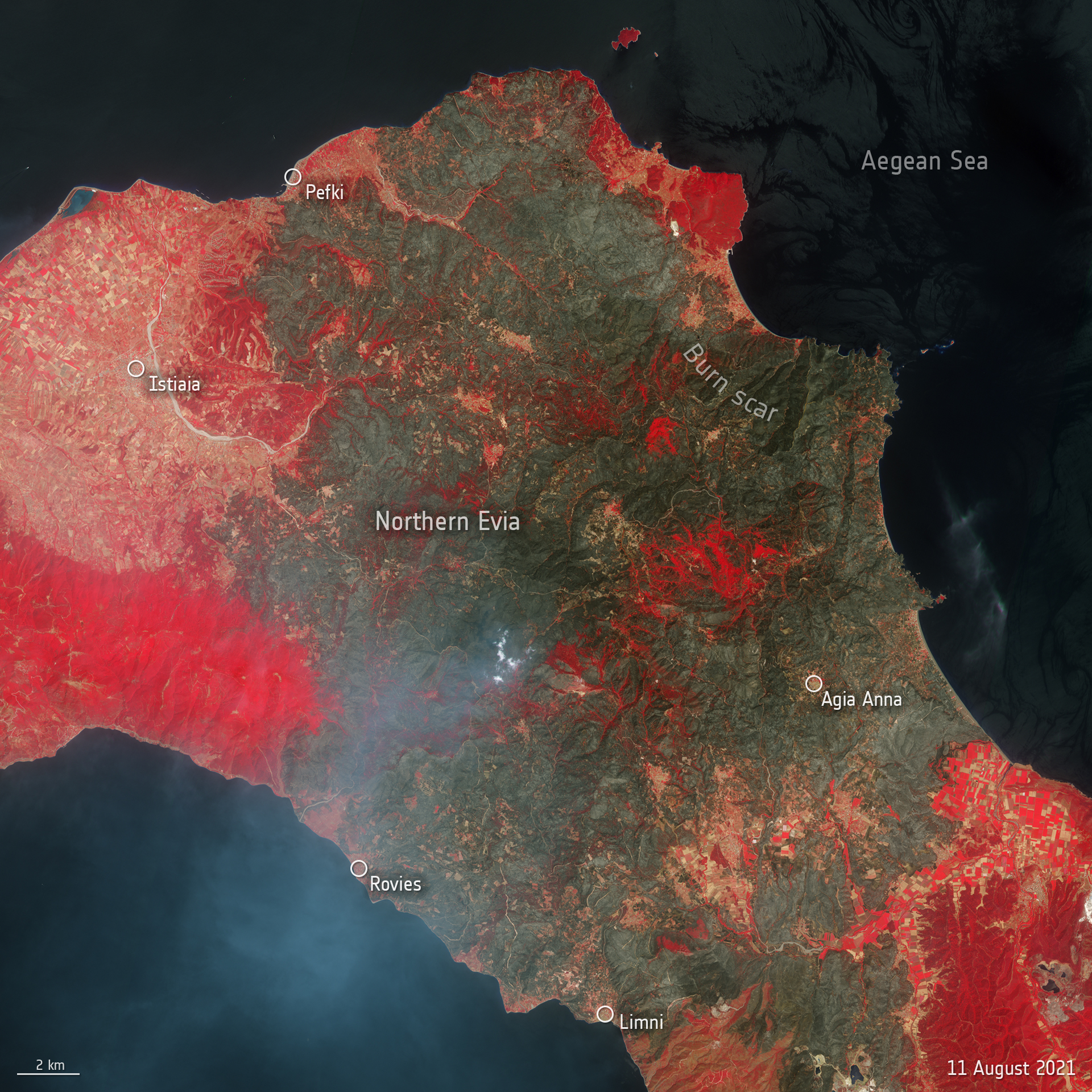 A satellite image shows the extent of the burned area on the Greek island of Evia.