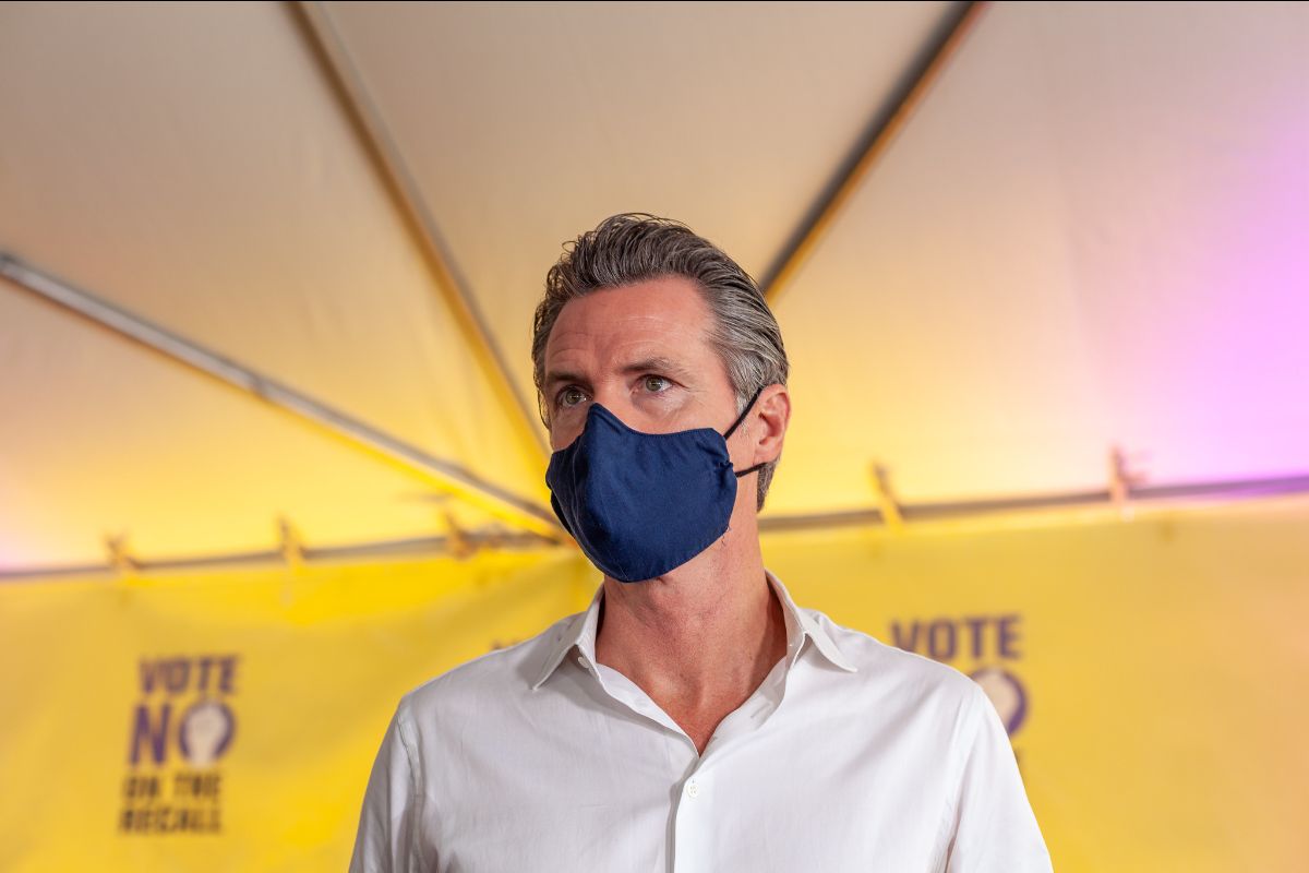 California Gov. Gavin Newsom appears at a "No On The Recall" rally in Commerce, Calif., sponsored by long term care workers union SEIU 2015 on Aug. 14. (Photo: SEIU 2015)
