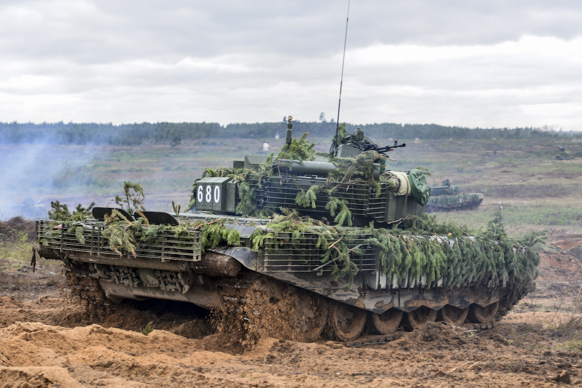 A tank maneuvers during the 2017 Zapad exercise.