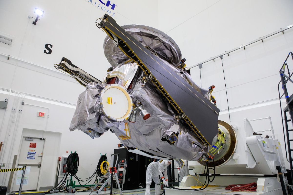 NASA’s Lucy spacecraft is moved to the horizontal position inside the Astrotech Space Operations Facility in Titusville, Fla., on Sept. 1, 2021. Lucy is scheduled to launch on Oct. 16 at Cape Canaveral Space Force Station. (Photo: NASA / Glenn Benson)