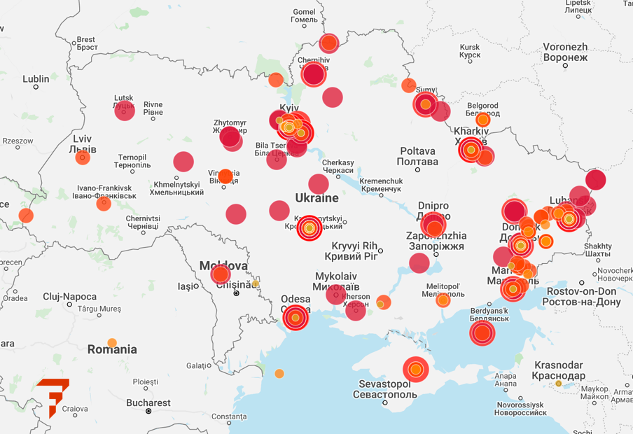 A map of Factal's updates for the Ukraine-Russia conflict for Feb 23, 2022
