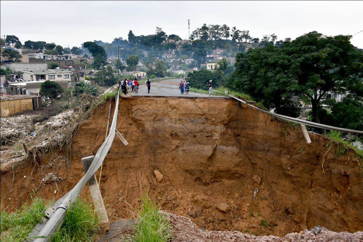 Flooding washed away part of a road in KwaZulu-Natal, South Africa. President Cyril Ramaphosa toured parts of the province to survey the damage on April 13.