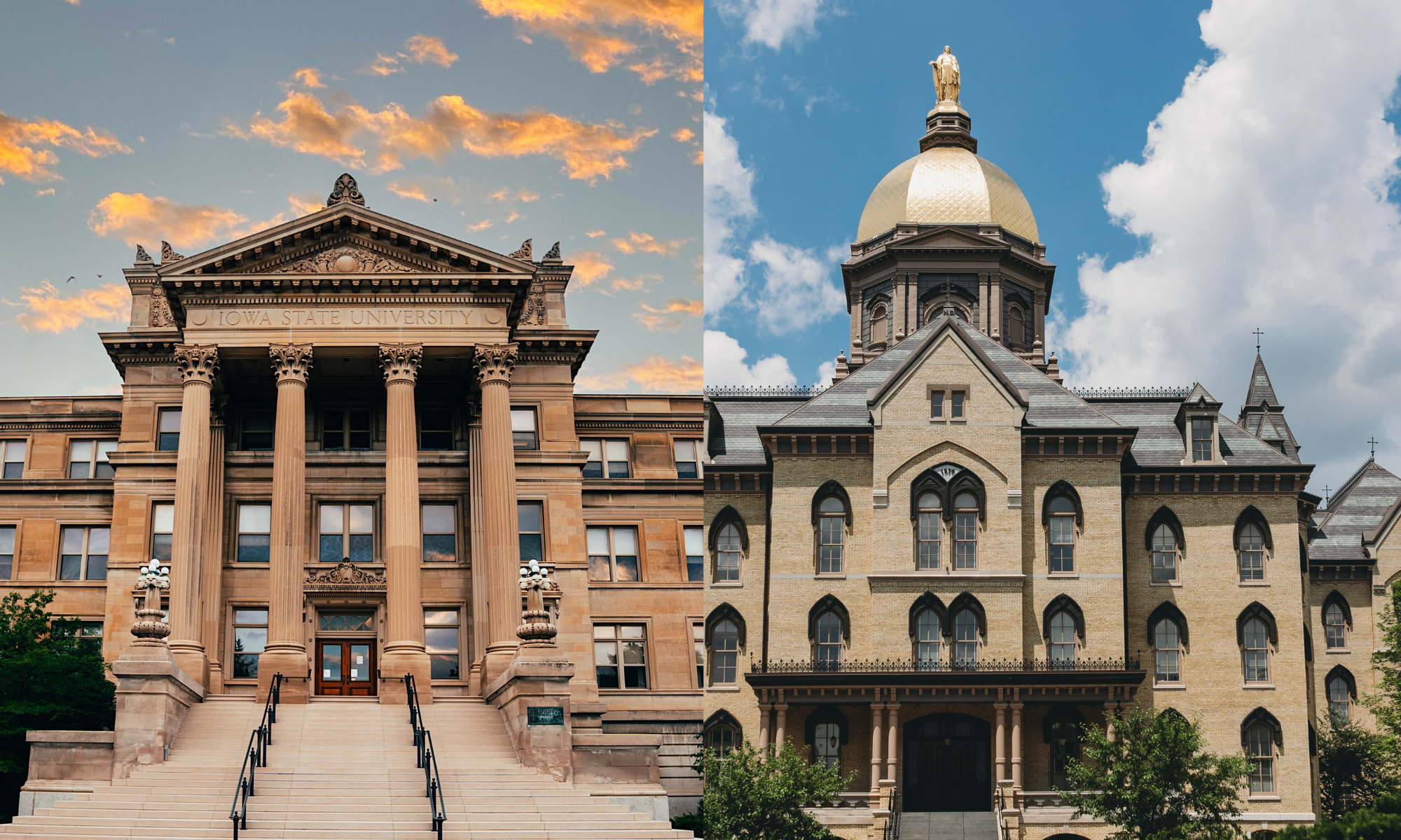 A composite image of buildings on the campus of Iowa State University and Notre Dame University