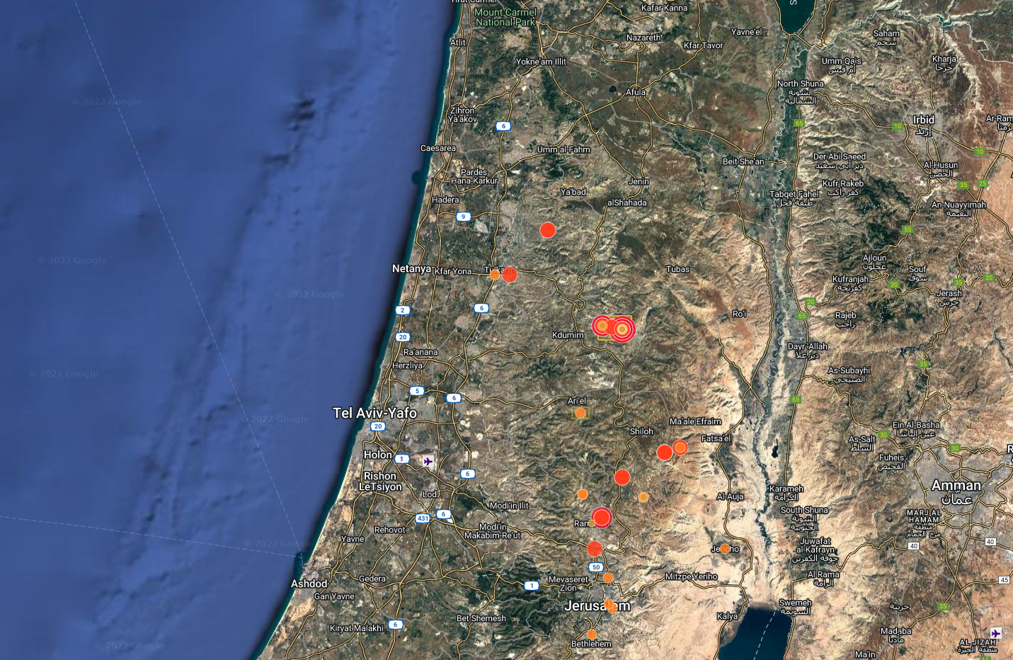 A map of recent incidents in the "Israeli-Palestinian conflict" topic on Factal.com