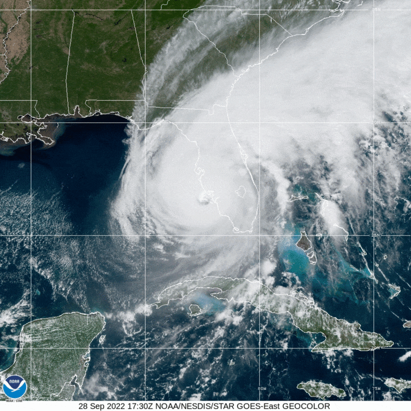 An animated gif of a satellite image as Hurricane Ian makes landfall near Fort Meyers Florida.