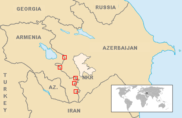 Locations of September 2022 clashes between Armenia and Azerbaijan are marked in red on a map.