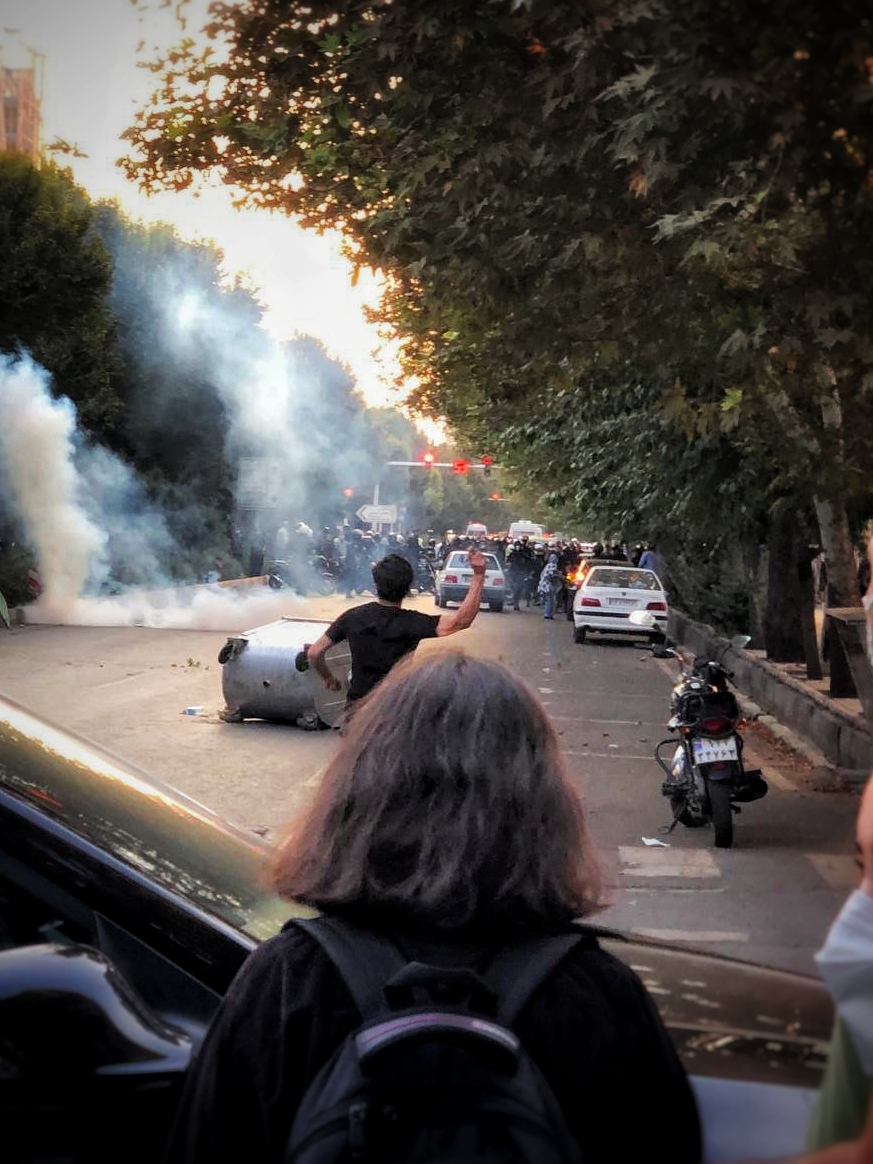 In the background are numerous riot police. The foreground features a loan male throwing a rock. There is tear gas and cars between them.
