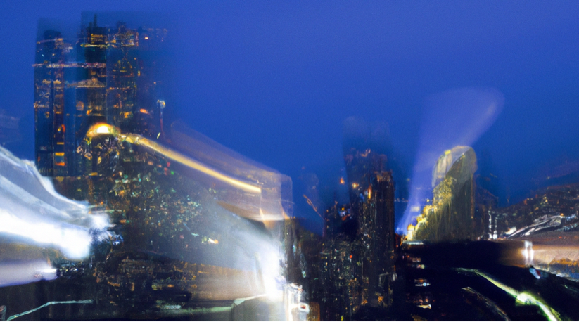 This AI created image is of a city that doesn't exist. The lights are blurry as if seen through a speeding car window. The buildings have shadows that seem as if they are second and third buildings.