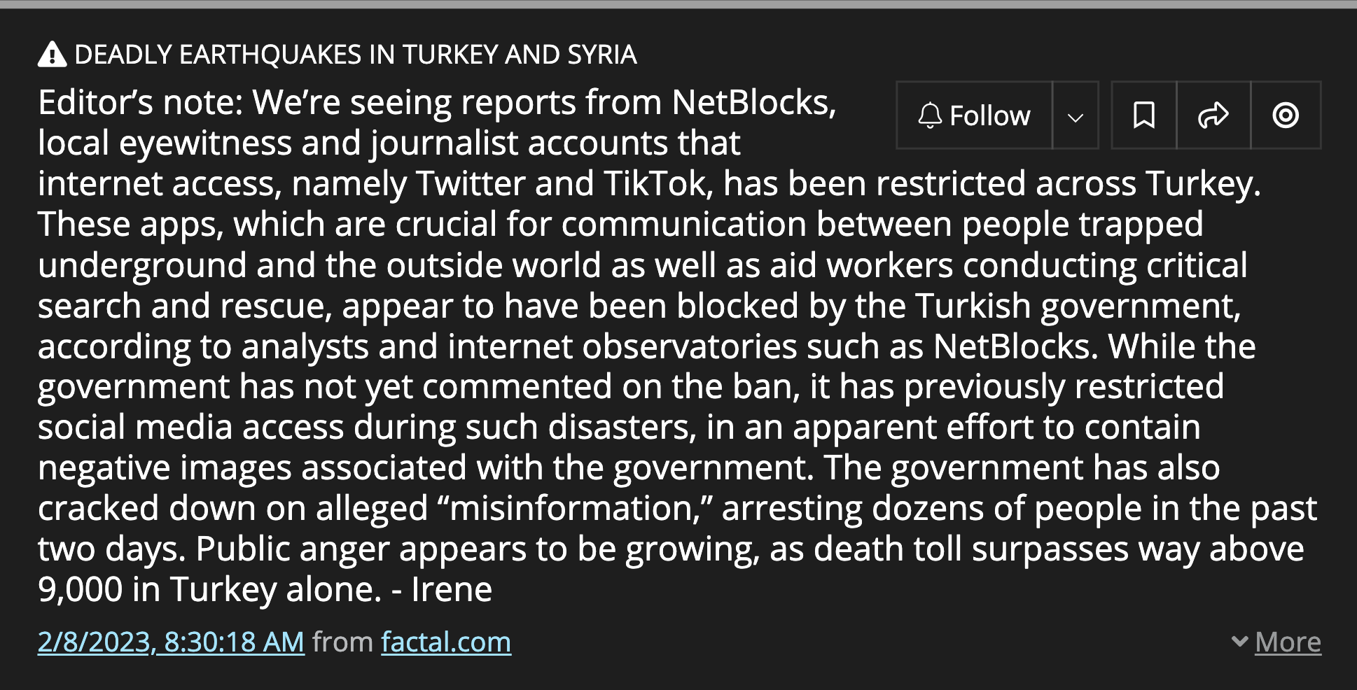 One of Factal's editor's notes which share guidance from the newsroom