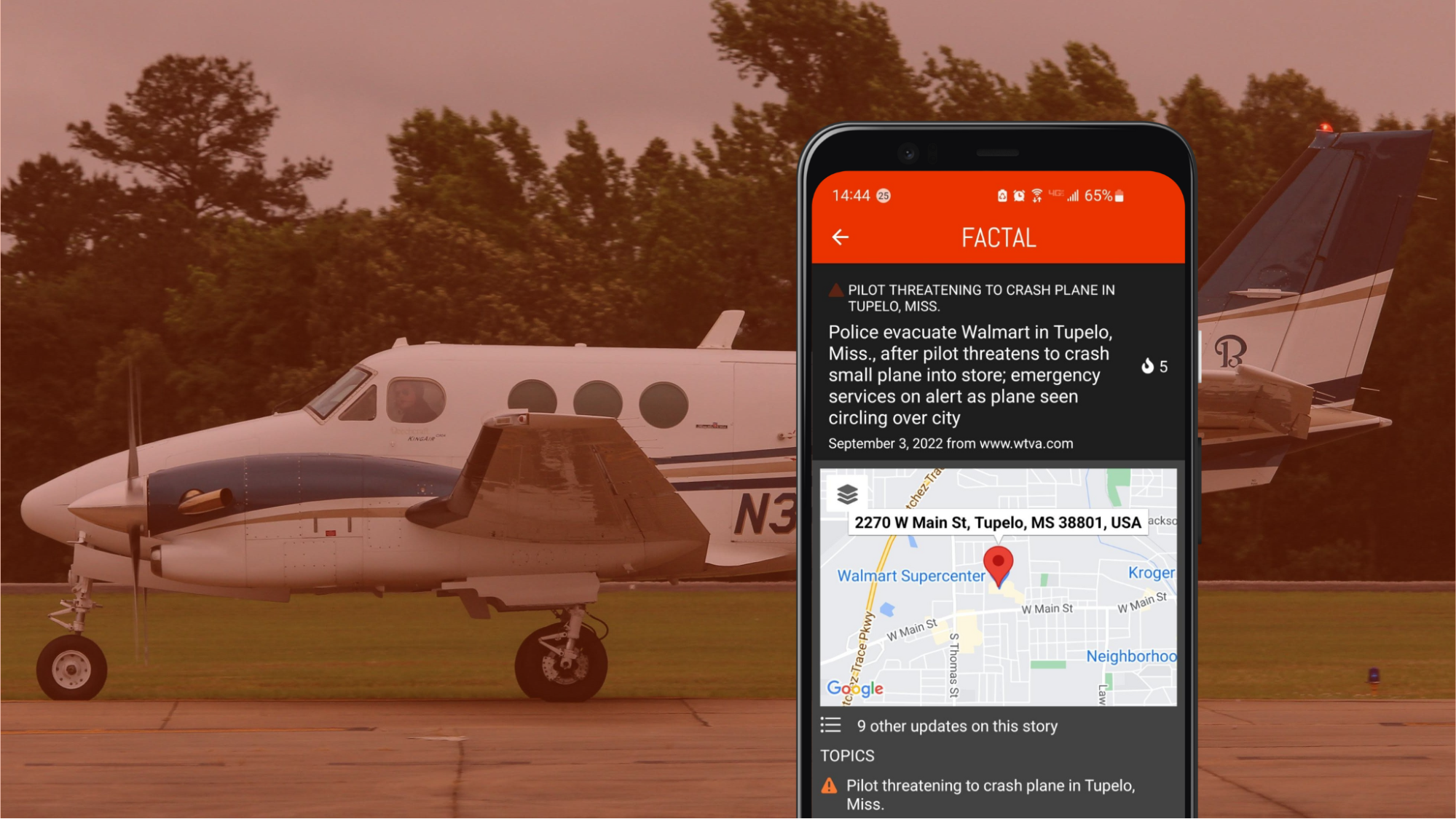 (Photo source: composite of FlightAware image and Factal app screenshot)