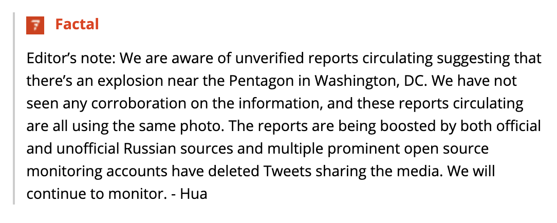 Editor’s note: We are aware of unverified reports circulating suggesting that there’s an explosion near the Pentagon in Washington, DC. We have not seen any corroboration on the information, and these reports circulating are all using the same photo. The reports are being boosted by both official and unofficial Russian sources and multiple prominent open source monitoring accounts have deleted Tweets sharing the media. We will continue to monitor. - Hua