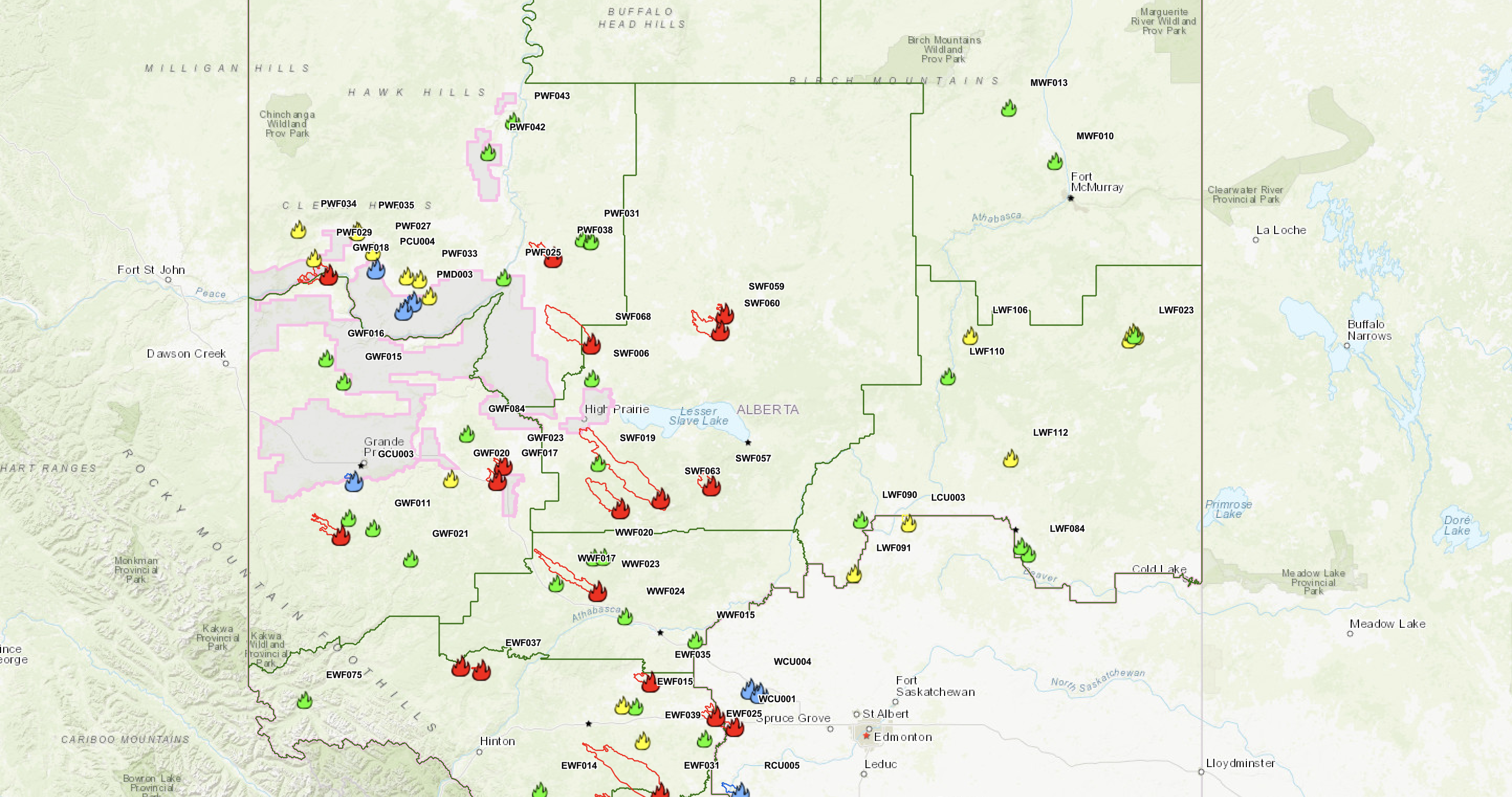 Screenshot of dozens of fires across Alberta.