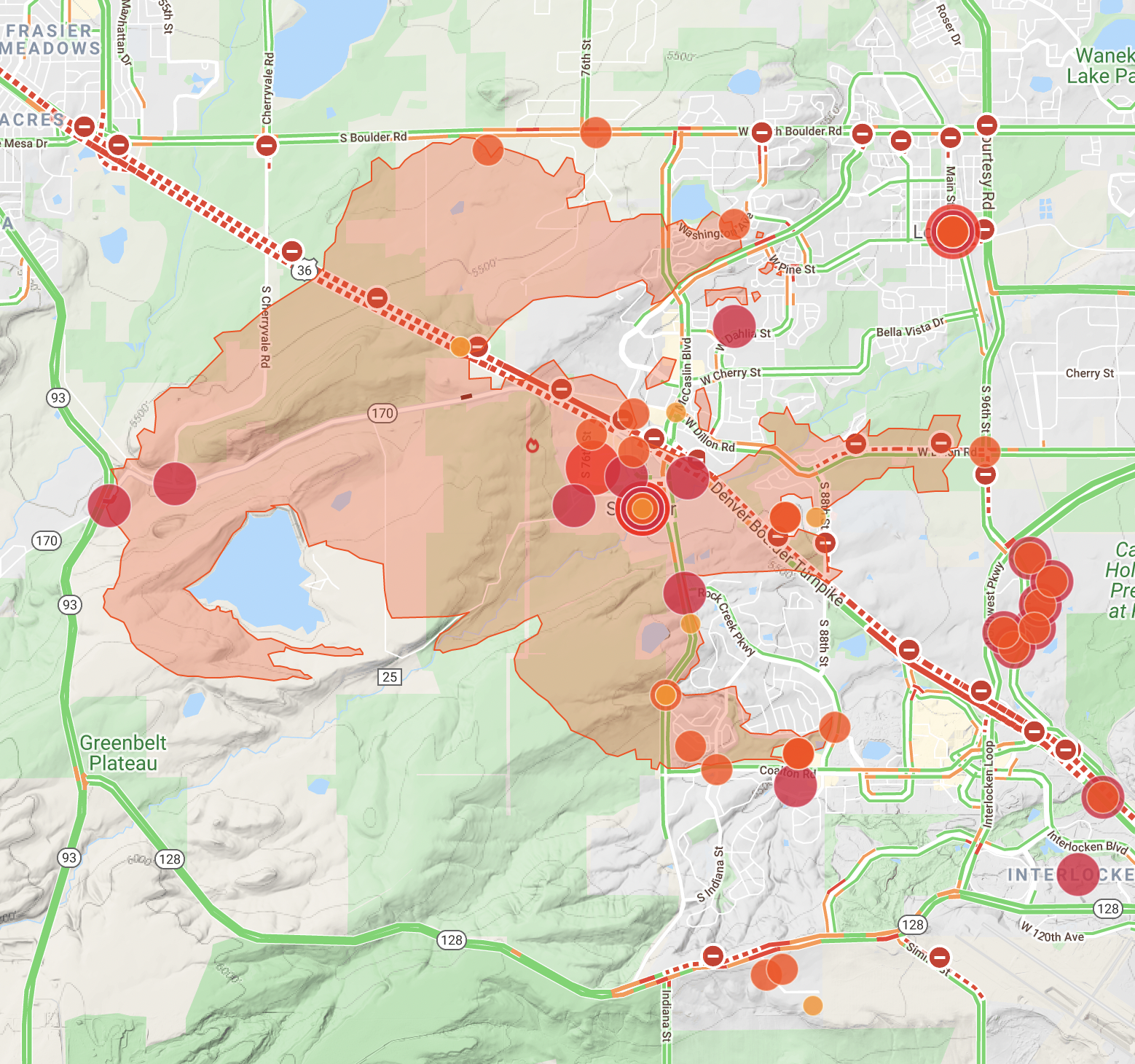 A Factal map image of a wildfire and related incidents near Denver