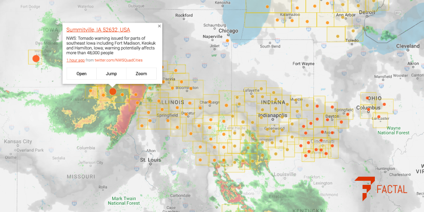 A Factal map image showing air quality alerts and a tornado in the U.S. Midwest.