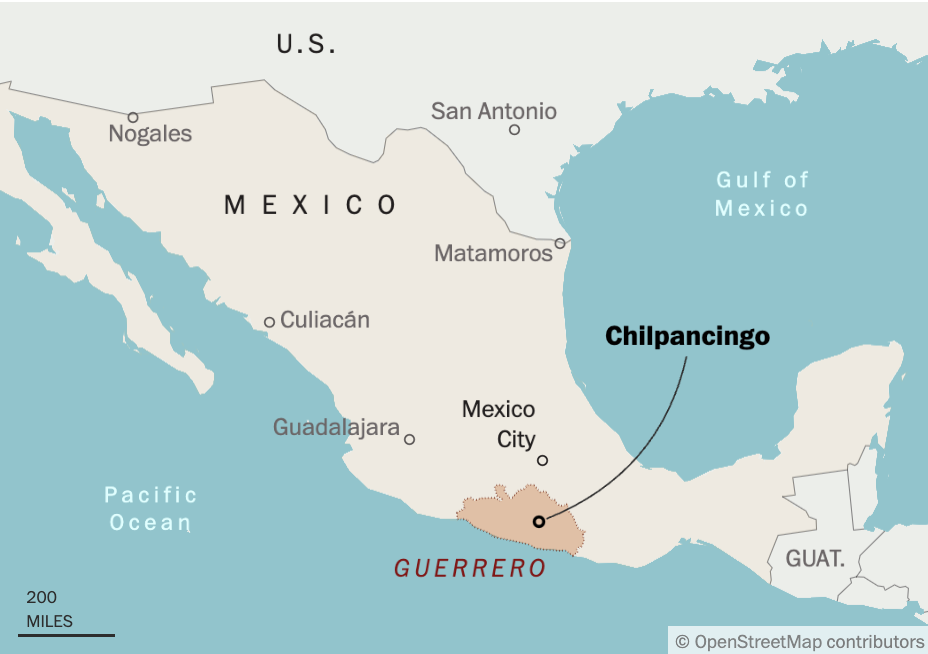 A map of Mexico indicating the city of Chilpancingo in the state of Guerrero.