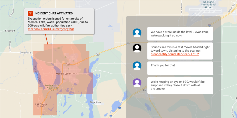 Screenshot of Factal's incident chat feature, showing a map with an area highlighted and a call-out box that reads "Incident chat activated: Evacuation orders issued for entire city of Medical Lake, Wash., population 4,800, due to 500-acre wildfire, authorities say." At right, a hypothetical chat conversation between three Factal members about the incident.