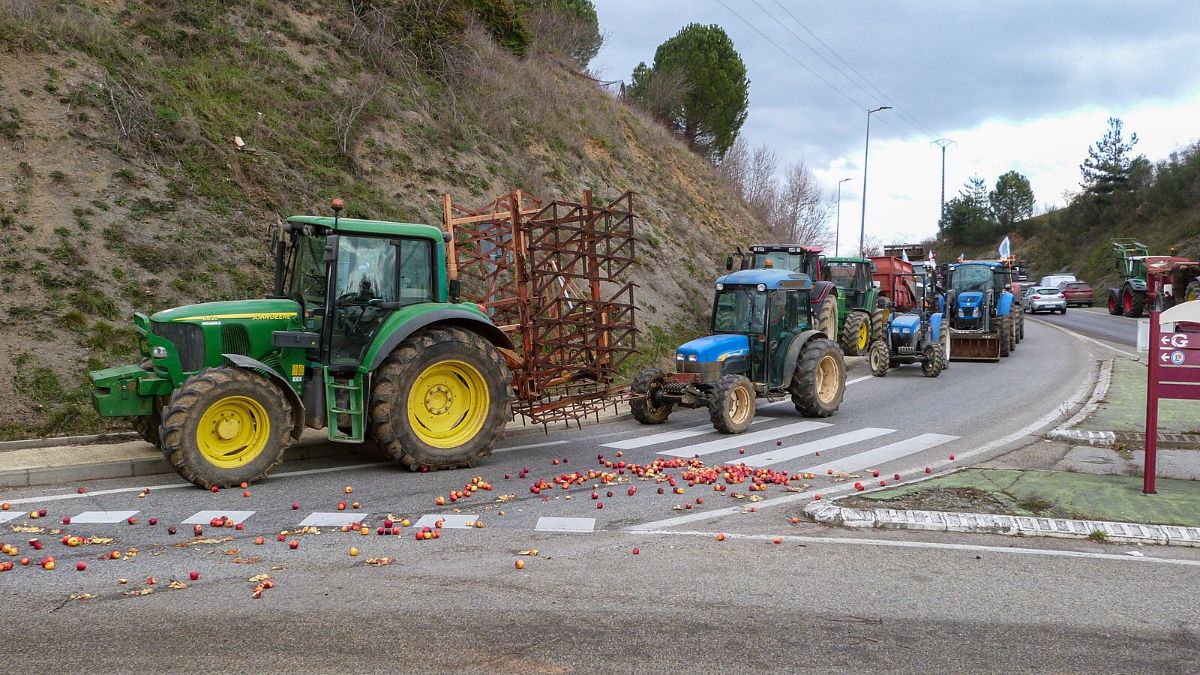 Green large tractor dumps hundreds of apples on a roadway. Behind it are smaller blue and green tractors preventing cleanup. The road is now blocked.