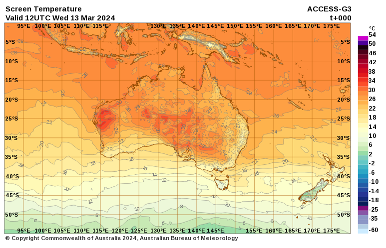 Weather map of the heat dome in Australia showing extreme temperatures in Western and Centralia Australia.