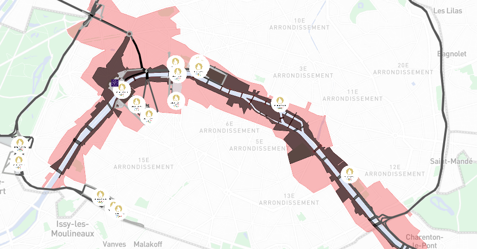 Map of Paris highlighting security sectors and routes through various city arrondissements with marked points of interest.