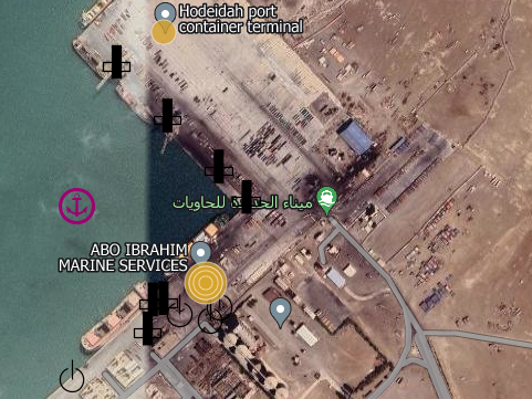 Satellite view of a port with marked locations "Hodeidah port container terminal," "ABO IBRAHIM MARINE SERVICES," and other infrastructure.