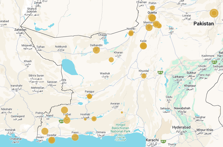 Map showing cities and towns in parts of Pakistan and Iran with yellow circles indicating locations of militia and/or insurgent attacks