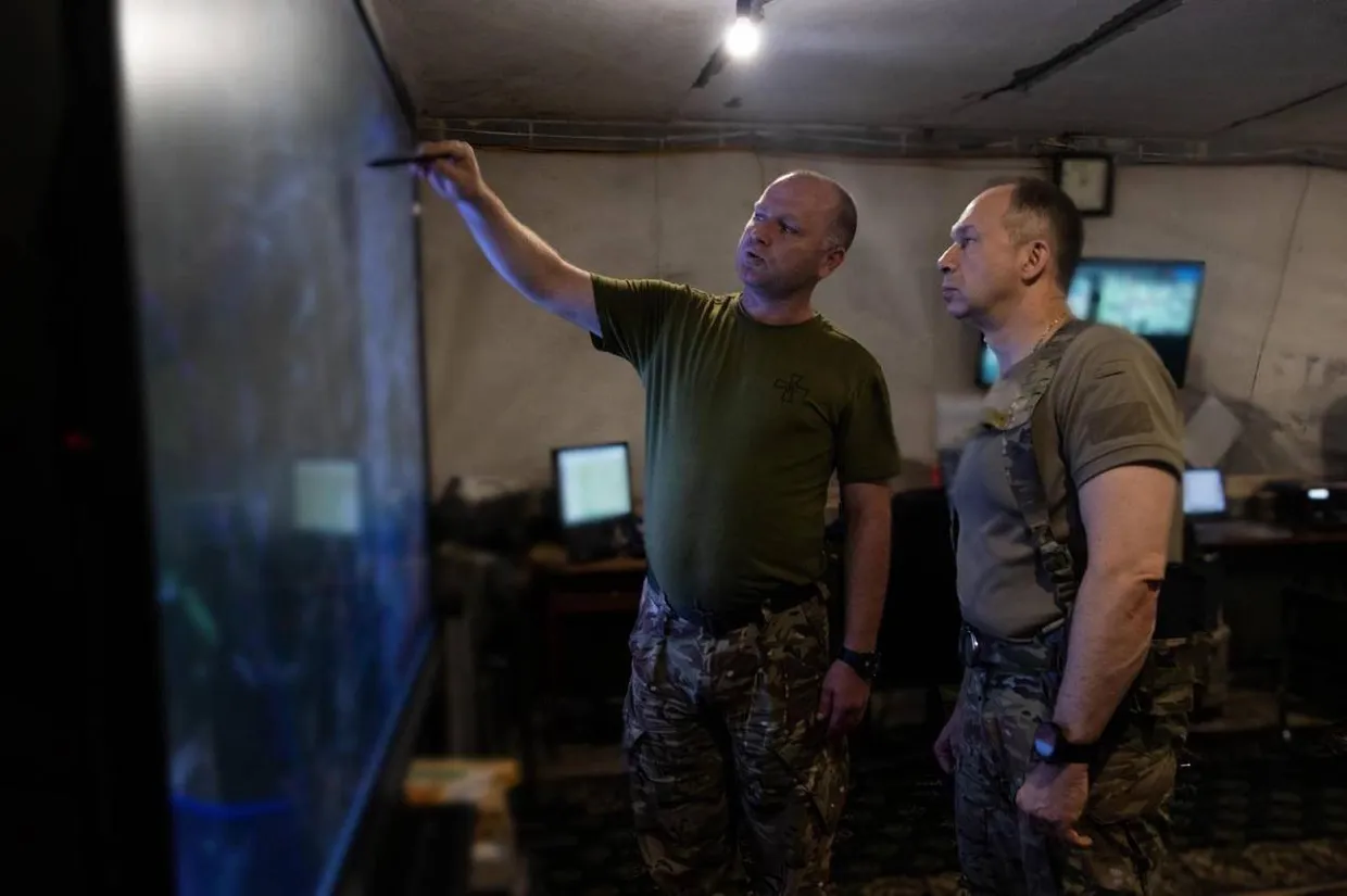 Ukraine's Commander-in-Chief Oleksandr Syrskyi looks at a screen.