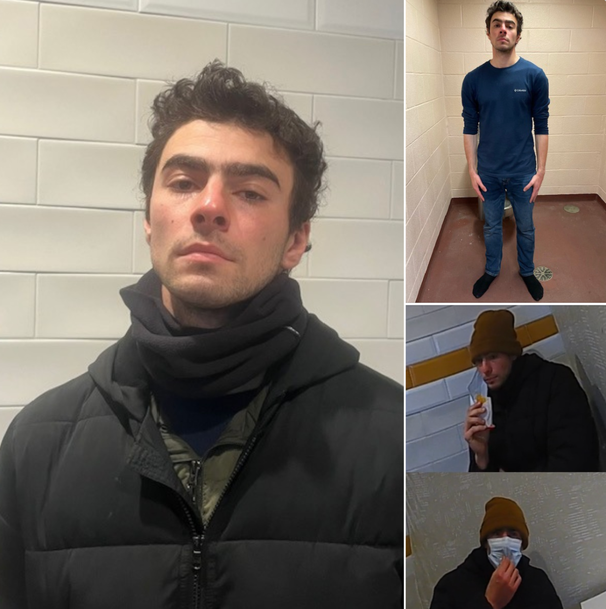 The image is a collage of four photographs featuring the same individual. The largest image on the left shows a close-up of the person against a backdrop of white subway tiles. They have short curly hair and are wearing a black puffer jacket with a black scarf or neck warmer. The top right image shows the person standing in a small room with beige brick walls, wearing a dark long-sleeve shirt, jeans, and black socks. The bottom two images on the right depict the person sitting, wearing a brown beanie and a black jacket. In one image, they are holding a snack, and in the other, they are adjusting a face mask.