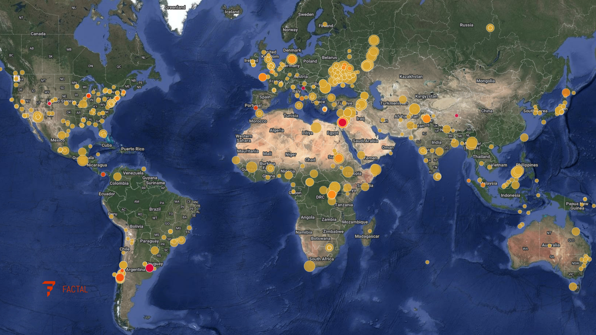 Map of 500 global incidents verified and geolocated by editors at Factal