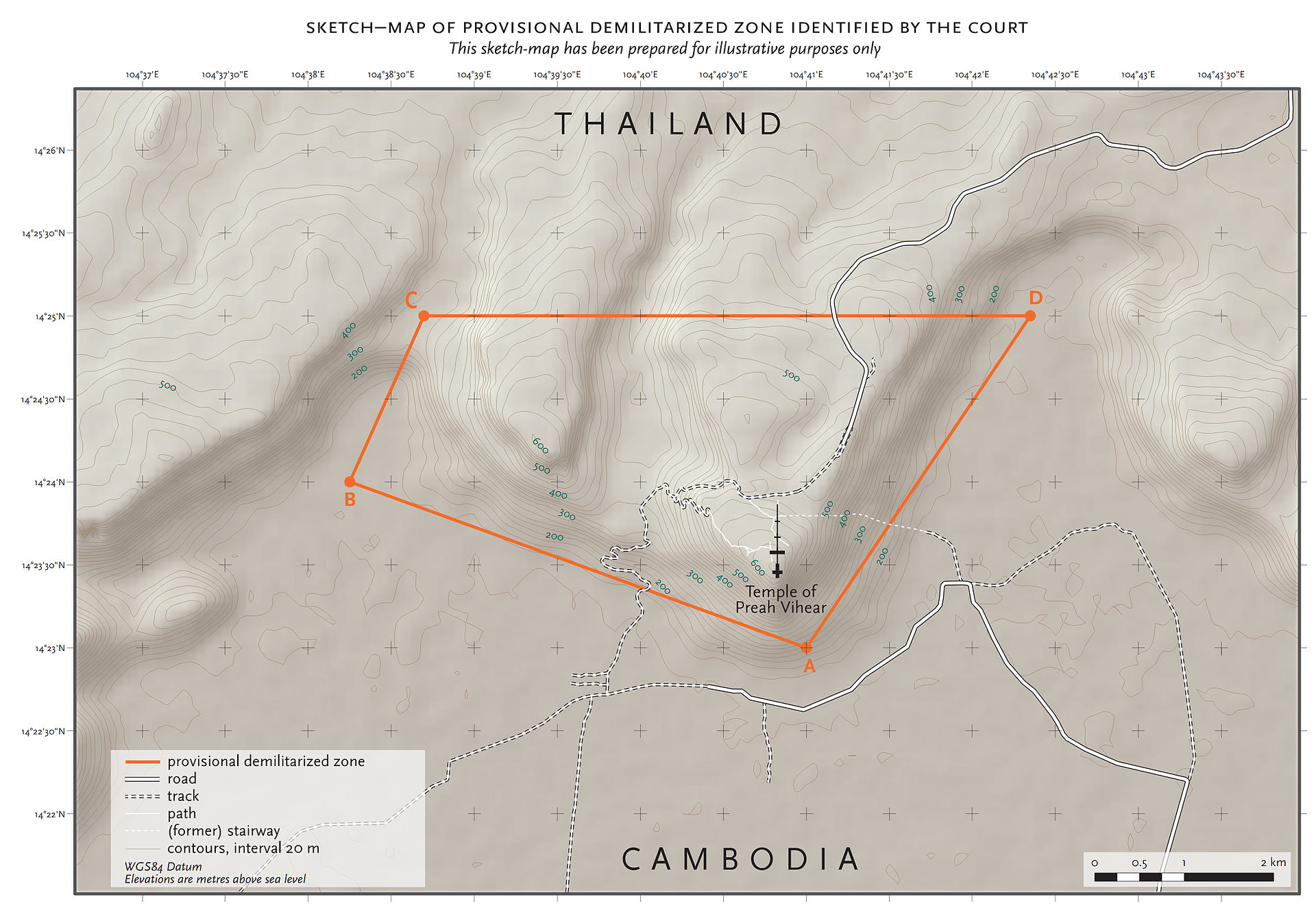 The image is a topographic map showing the provisional demilitarized zone around the Temple of Preah Vihear, located along the border between Thailand and Cambodia. The map features contour lines illustrating the area's elevation, with an interval of 20 meters. Major geographical markings include four key points labeled A, B, C, and D, connected by an orange line that outlines the demilitarized zone. Roads, tracks, paths, and a former stairway are depicted with different dashed and solid lines. The map is labeled with "THAILAND" to the north and "CAMBODIA" to the south. Key elements in the lower right include a scale bar and an indication of the coordinate system (WGS84 Datum).