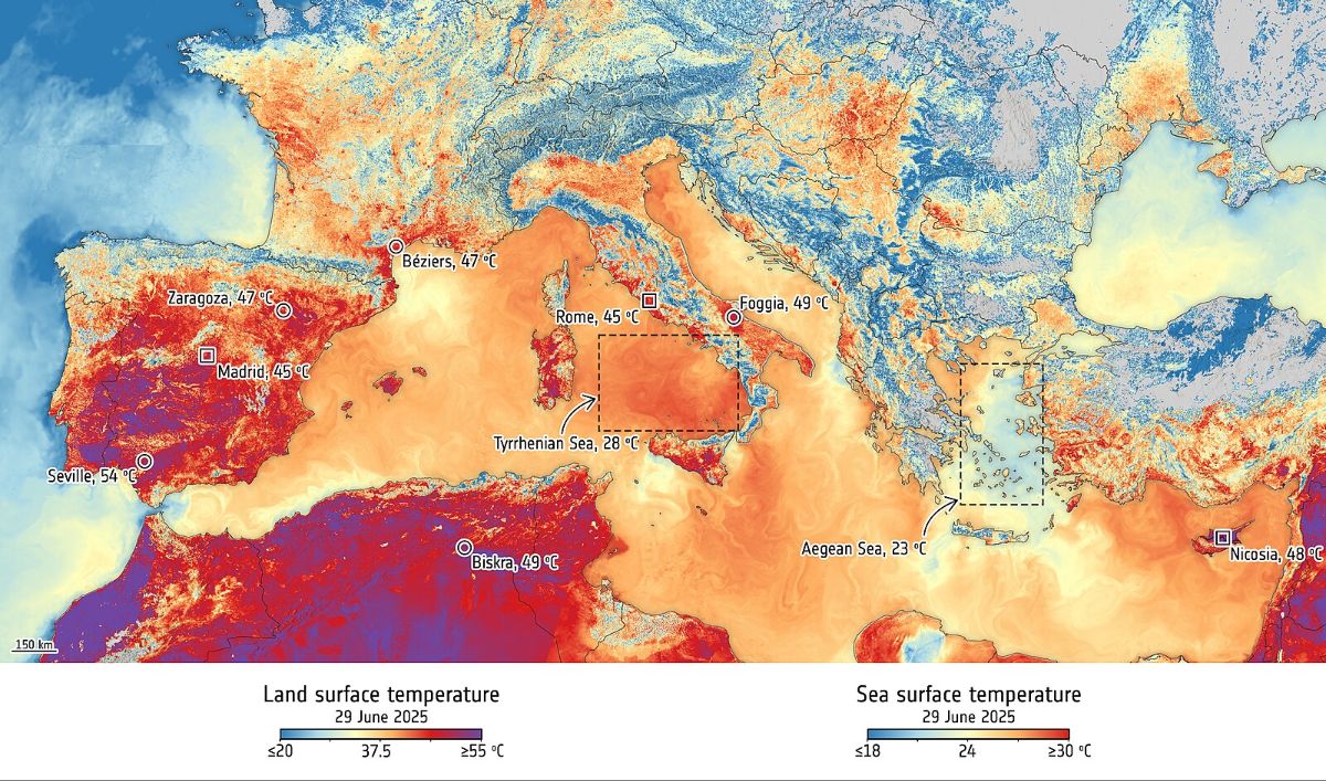 The image is a color-coded map depicting land and sea surface temperatures across Southern Europe and parts of North Africa and the Middle East on June 29, 2025. Vibrant colors range from deep red, indicating temperatures of 55°C or higher, through shades of orange, blue, and light blue, representing cooler temperatures. Key locations marked include Seville at 54°C, Biskra at 49°C, and Nicosia at 48°C. The sea around the Mediterranean is shown with lighter colors, with the Tyrrhenian Sea at 28°C and the Aegean Sea at 23°C. Temperature data is divided into two categories: land surface temperature and sea surface temperature. The map features various cities marked with circles and rectangles containing temperature labels. A scale bar shows gradients between cooler and warmer areas on both land and sea.