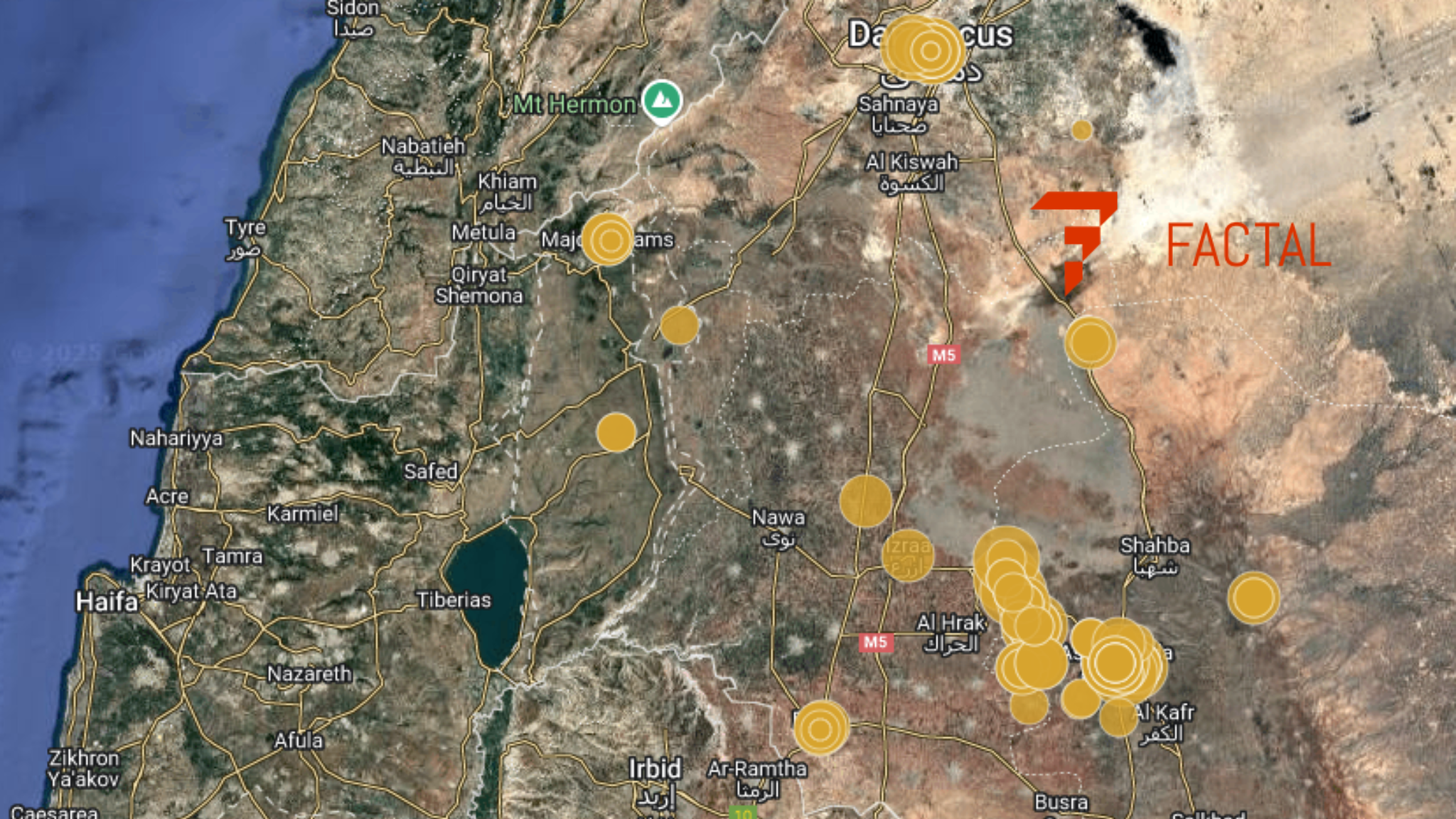 The image is a satellite map showing parts of the Middle East, specifically areas around Damascus, Syria, and northern Israel. The map displays geographic features such as mountains, cities, and bodies of water. Yellow circles of varying sizes are overlaid on the map, indicating specific locations or events, possibly related to the "FACTAL" name which appears prominently in orange on the right side. Roads and city names are labeled, including Damascus, Tyre, Haifa, and Irbid. The blue area on the left is the Mediterranean Sea, while various shades of brown and green depict the terrain.