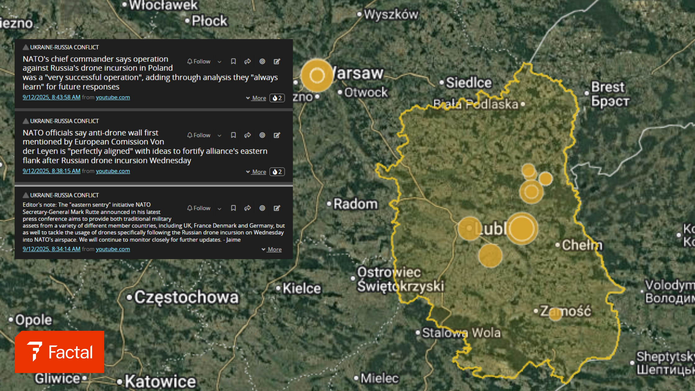 Factal hybrid satellite-terrain map of incidents in Poland related to the Russian drones flying over Poland.