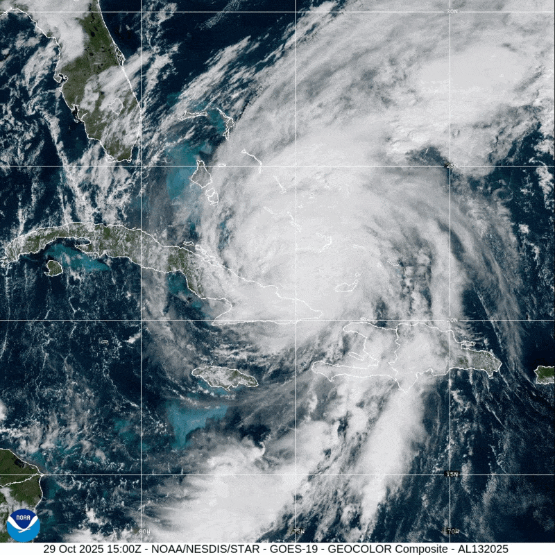 Animated gif of satellite imagery as Hurricane Melissa spins over Cuba.