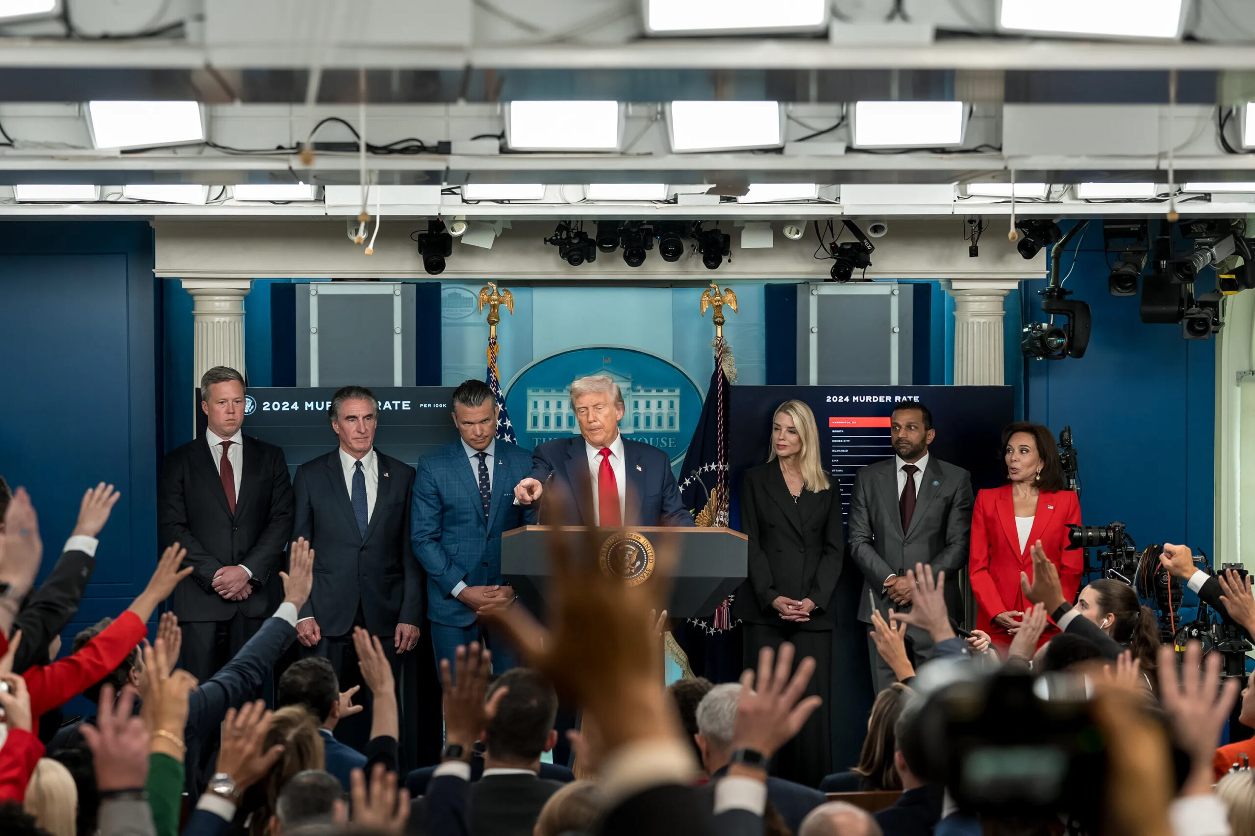 President Donald Trump takes questions from the media during a press conference on Aug. 11, 2025.