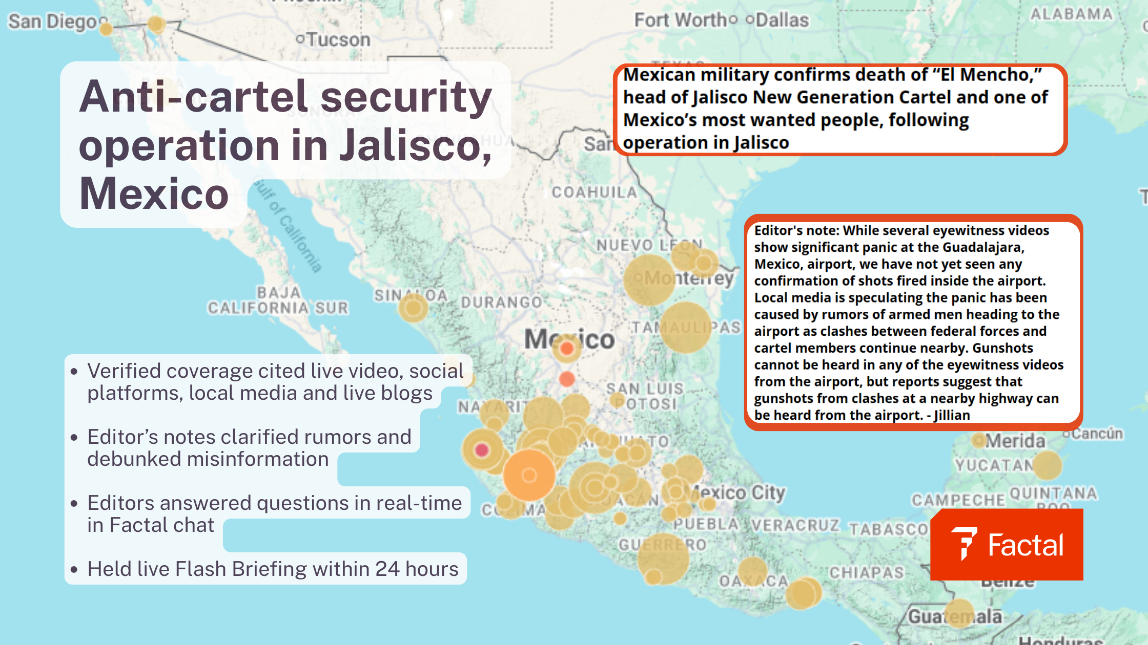 The image is a map of Mexico highlighting an anti-cartel security operation in Jalisco. It features several orange and red circles indicating significant areas of activity throughout the region. A large text box reads, "Anti-cartel security operation in Jalisco, Mexico." Another text box in the top right confirms the death of "El Mencho," a high-profile cartel leader. Additionally, there is an editor's note explaining the situation at Guadalajara airport, mentioning unconfirmed reports of gunfire and panic due to rumors. Other informative points at the bottom left discuss verified coverage through various media platforms, the clarification of rumors, editor interactions in real-time chat, and a flash briefing. The map shows major Mexican cities and is bordered by the United States at the top.