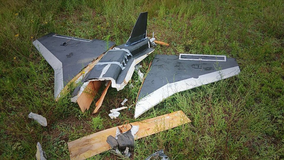 The image shows a broken, unmanned aerial vehicle (drone) lying on the grass. The drone has a triangular wing design, with a black and white color scheme. Its central body appears to be damaged, revealing internal components and wooden structural elements. The tail fin is erect and also shows signs of wear. Surrounding the drone, the grassy area is dense and peppered with various overgrown plants. The horizon is not visible, suggesting a focus on the immediate ground level where the drone rests.