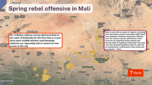 The image is a detailed map of Mali and its surrounding regions, highlighting various geographical features and locations with yellow circular markers. These markers are dispersed across Mali, notably near the towns and cities. The map is in a top-down view with land boundaries and names marked. To the top left, the map covers portions of Mauritania and Western Sahara, while to the south, it includes parts of Senegal, Gambia, Guinea-Bissau, and regions of Burkina Faso and other neighboring countries. There are two notable text boxes on the map containing reports about military and militant activities. One text box, outlined in red, provides information about a Malian military operation, and the other, outlined in dark red, offers an editor’s note regarding rebel activity. The Factal logo is positioned at the bottom right.
