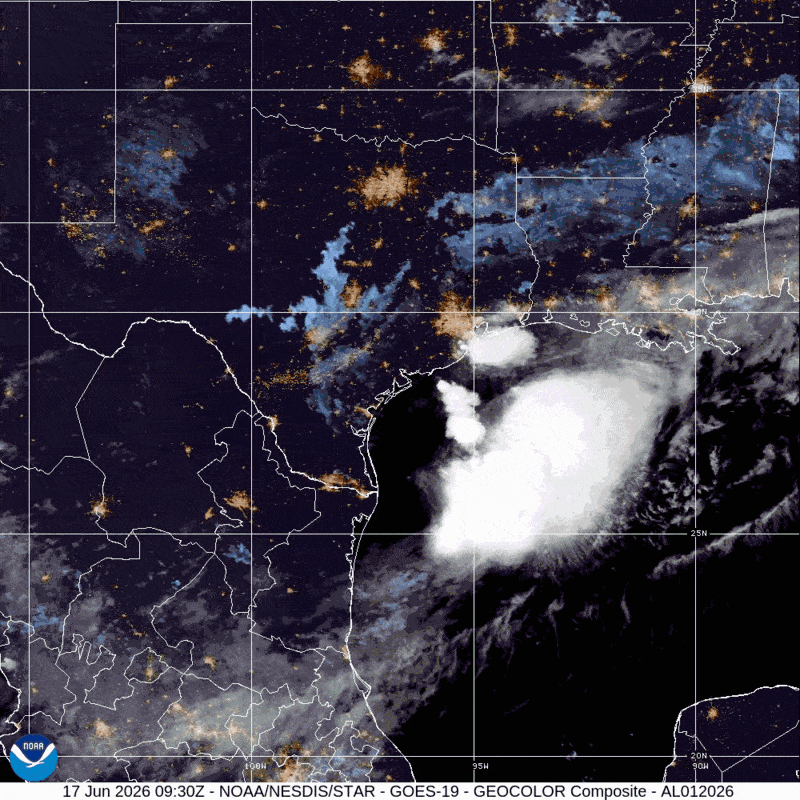 Animated gif of satellite image of a tropical storm forming off of the coast of Texas. There is the familiar circular motion of clouds