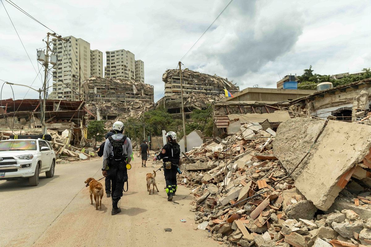 The image captures a scene of devastation following a disaster. On a prominently featured narrow road amidst debris, two individuals in rescue gear walk alongside several dogs. They appear to belong to a search and rescue team, identifiable by their helmets and harnesses. In the backdrop, multiple high-rise buildings are partially collapsed, with visible structural damage and scattered debris covering the ground. Cloudy skies loom overhead, contributing to the bleak atmosphere. To the left, a white vehicle is parked near the edge of the road, while a few other people can be seen walking further down the path. The landscape is cluttered with remnants of buildings, showing a mix of broken concrete, bricks, and twisted metal.