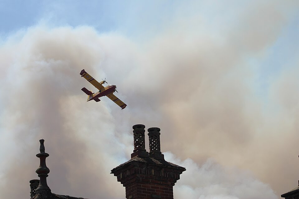 A water bomber flies in France as smoke rises from wildfire in the Fontainebleau forest near Paris. 